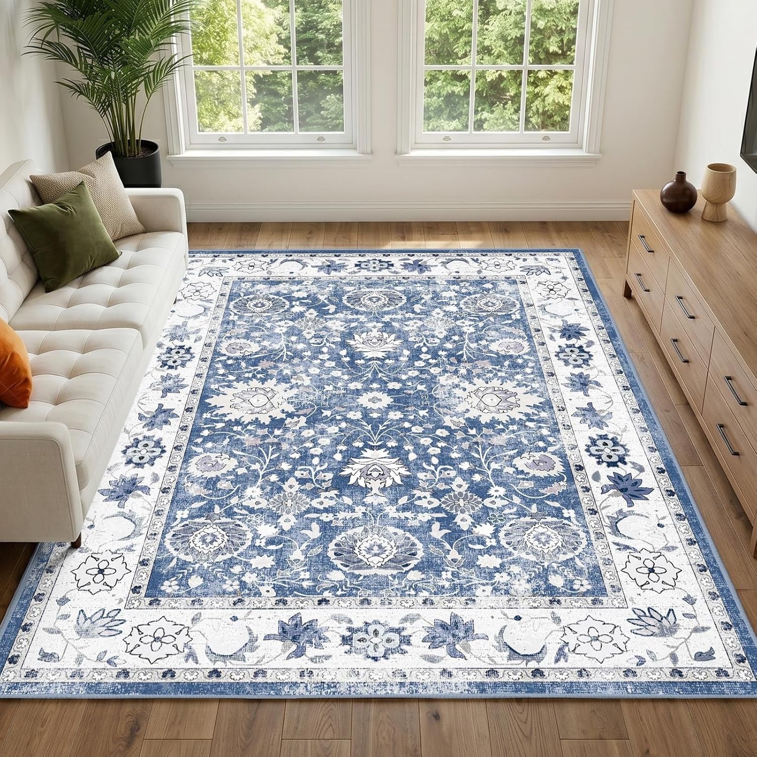 Vintage Area Rug 200x300cm Blue Washable Non Slip Low Pile Floral Floor Mat