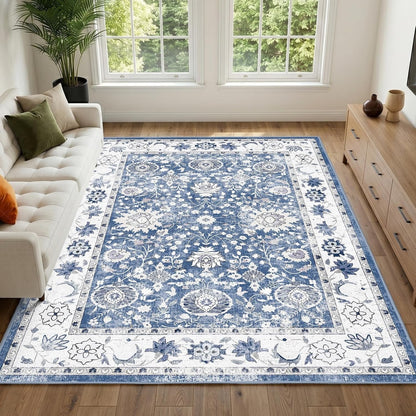 Vintage Area Rug 200x300cm Blue Washable Non Slip Low Pile Floral Floor Mat