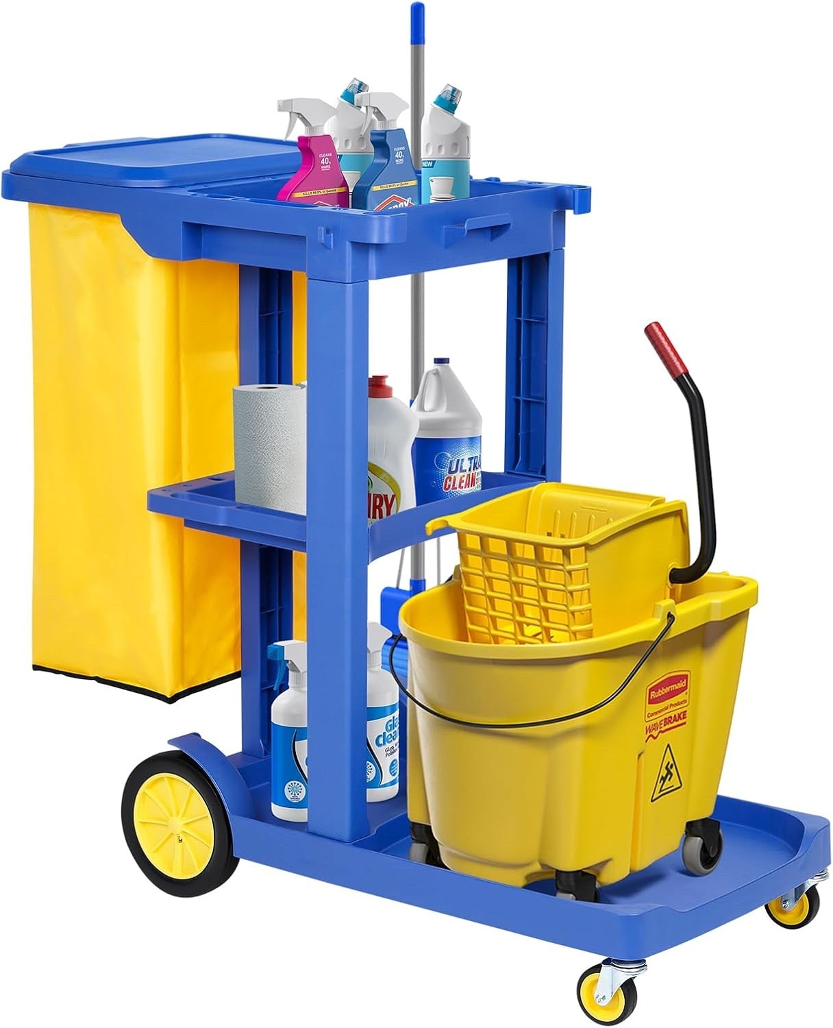 Heavy Duty Janitorial Cleaning Trolley Cart 3 Tier with Vinyl Bag Wheels Blue