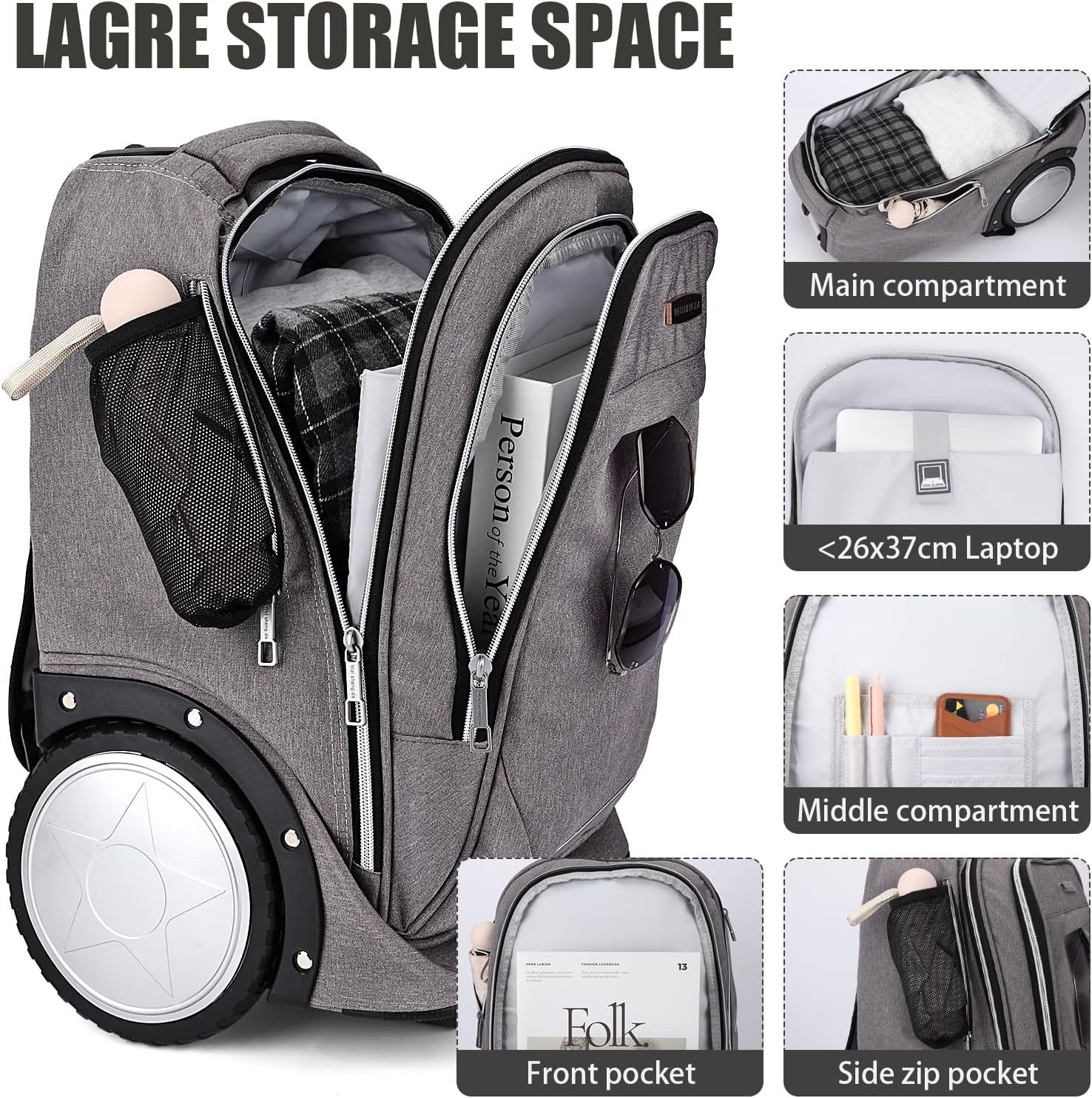 Rolling Backpack Trolley Bag 7in Wheels Laptop Travel Business Carry On Grey