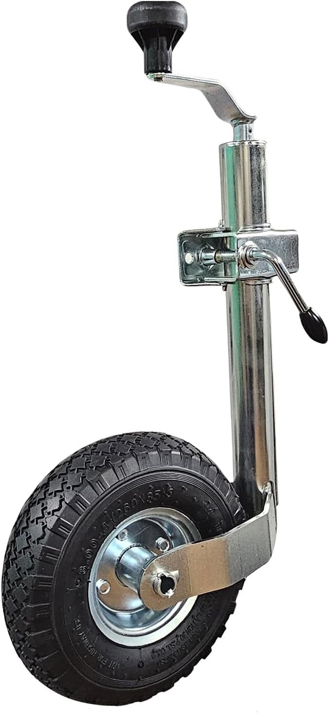 Jockey Wheel 48mm Pneumatic 10in Trailer Caravan Clamp Top Wind Galvanised Heavy