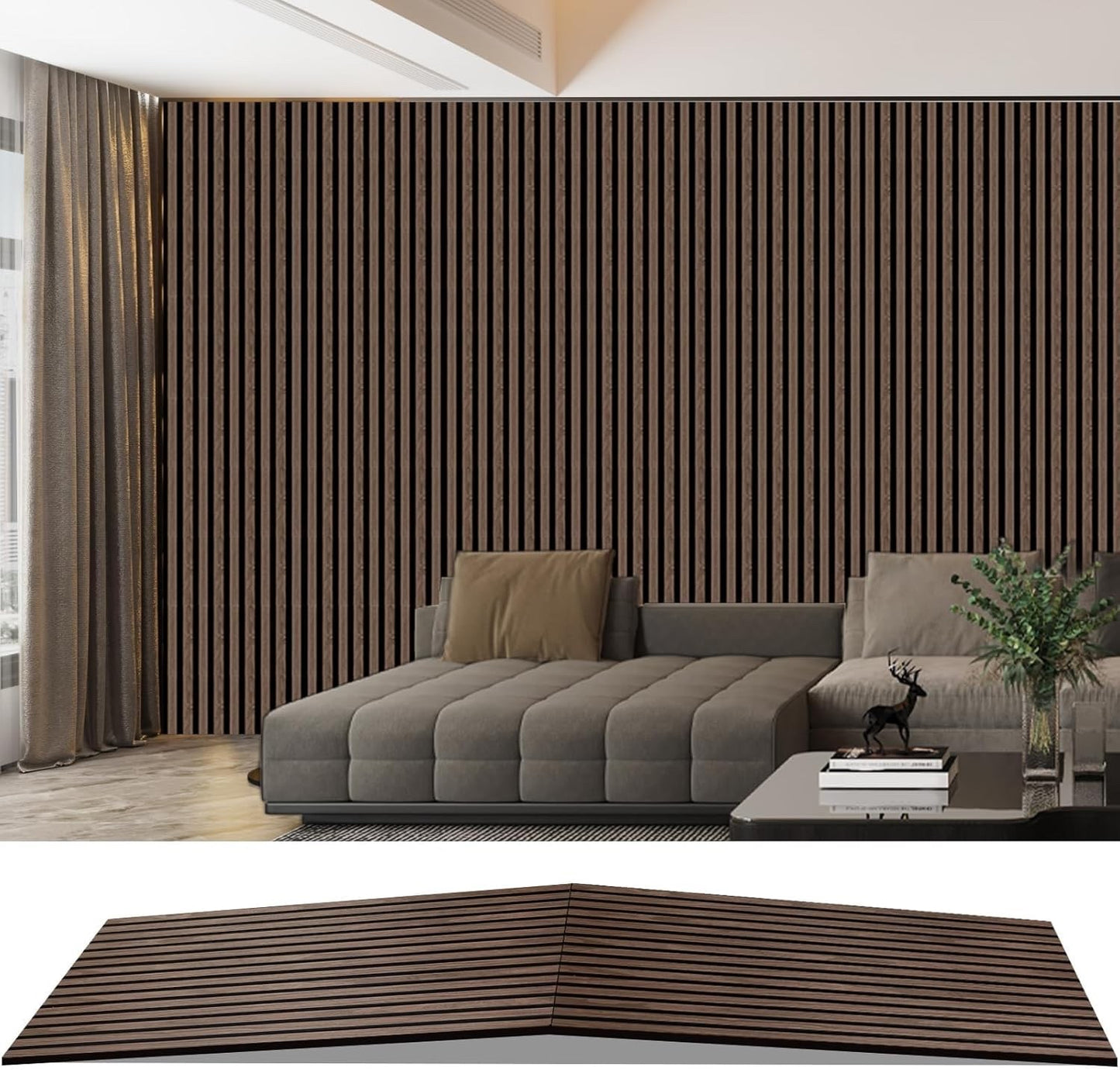 Acoustic Wood Slat Wall Panels 2400x600mm Sound Absorbing Foldable Black Walnut
