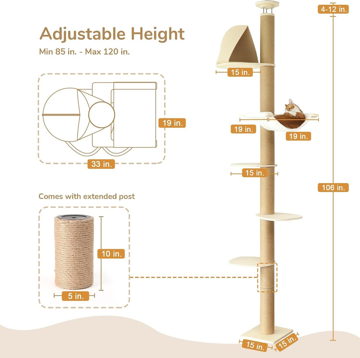 Cat Tree Floor Ceiling 6 Level Adjustable Climbing Scratching Beige AT11-1