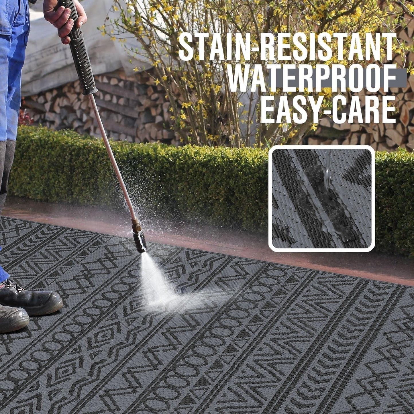 Outdoor Patio Garden Rug 270x360cm Waterproof Reversible Black Grey Camping Mat
