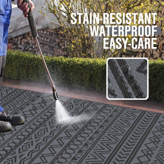 Outdoor Patio Garden Rug 270x360cm Waterproof Reversible Black Grey Camping Mat