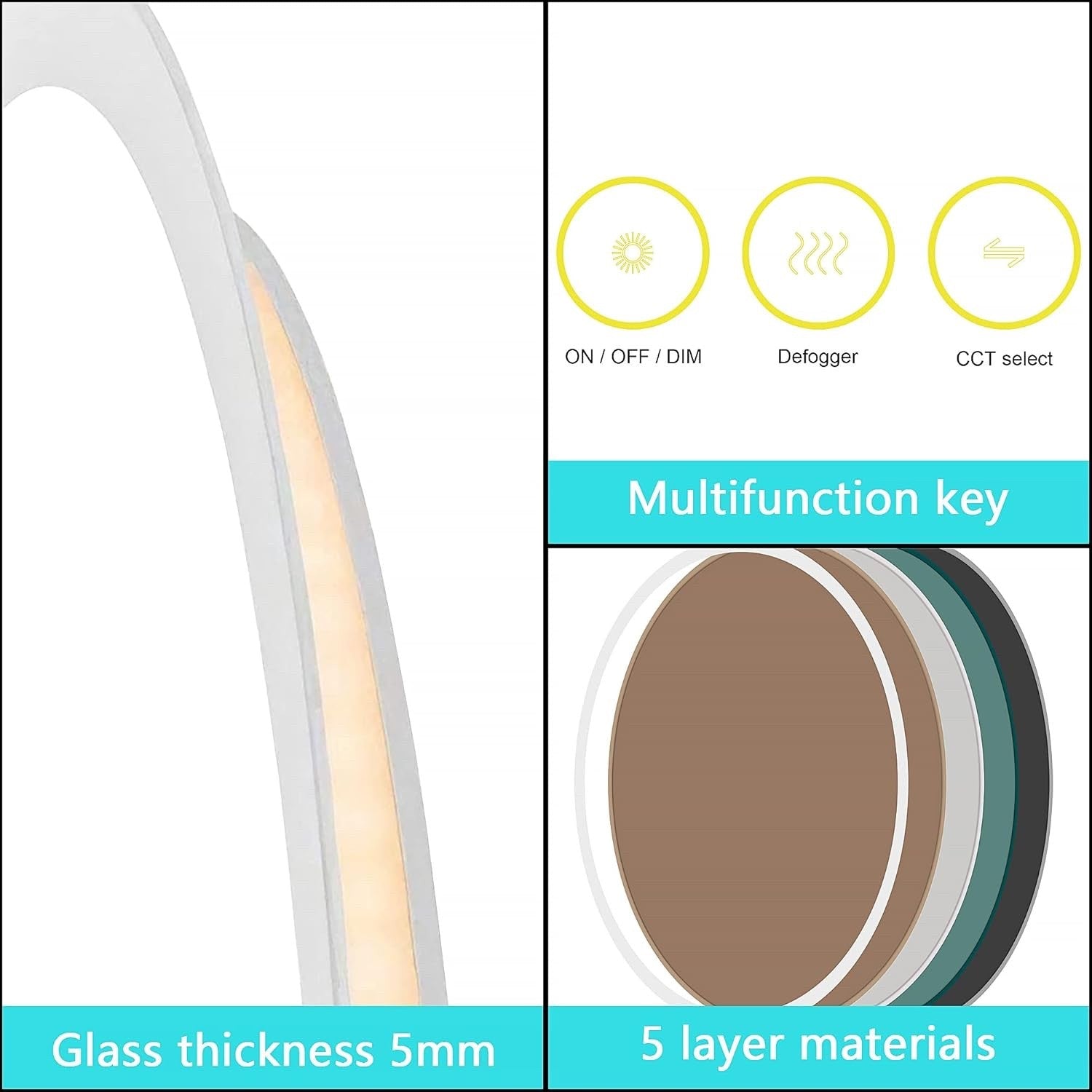 Round LED Bathroom Mirror 500mm Backlit Demister 3 Colour Dimmable Touch IP44