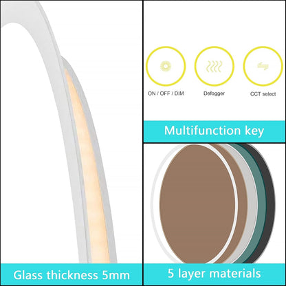 Round LED Bathroom Mirror 500mm Backlit Demister 3 Colour Dimmable Touch IP44