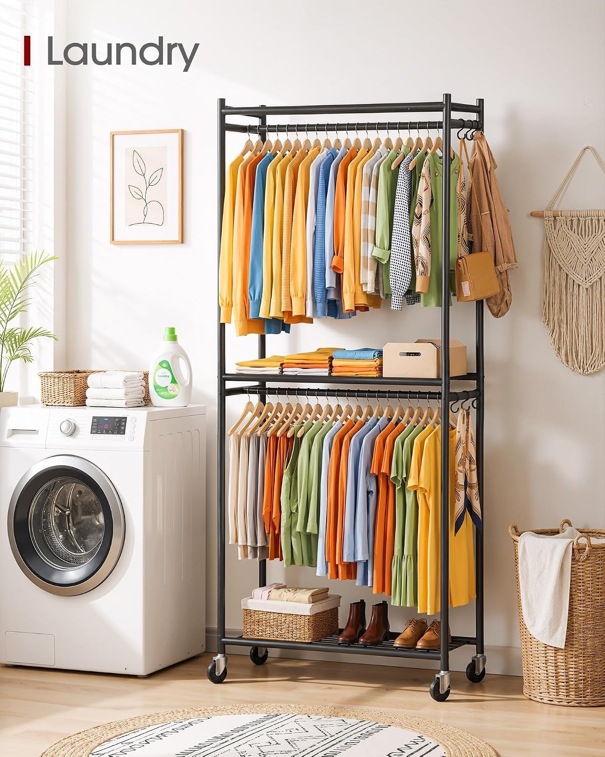 Heavy Duty Clothes Rail Metal Garment Rack Wheels Shelves 84x31x202cm Black