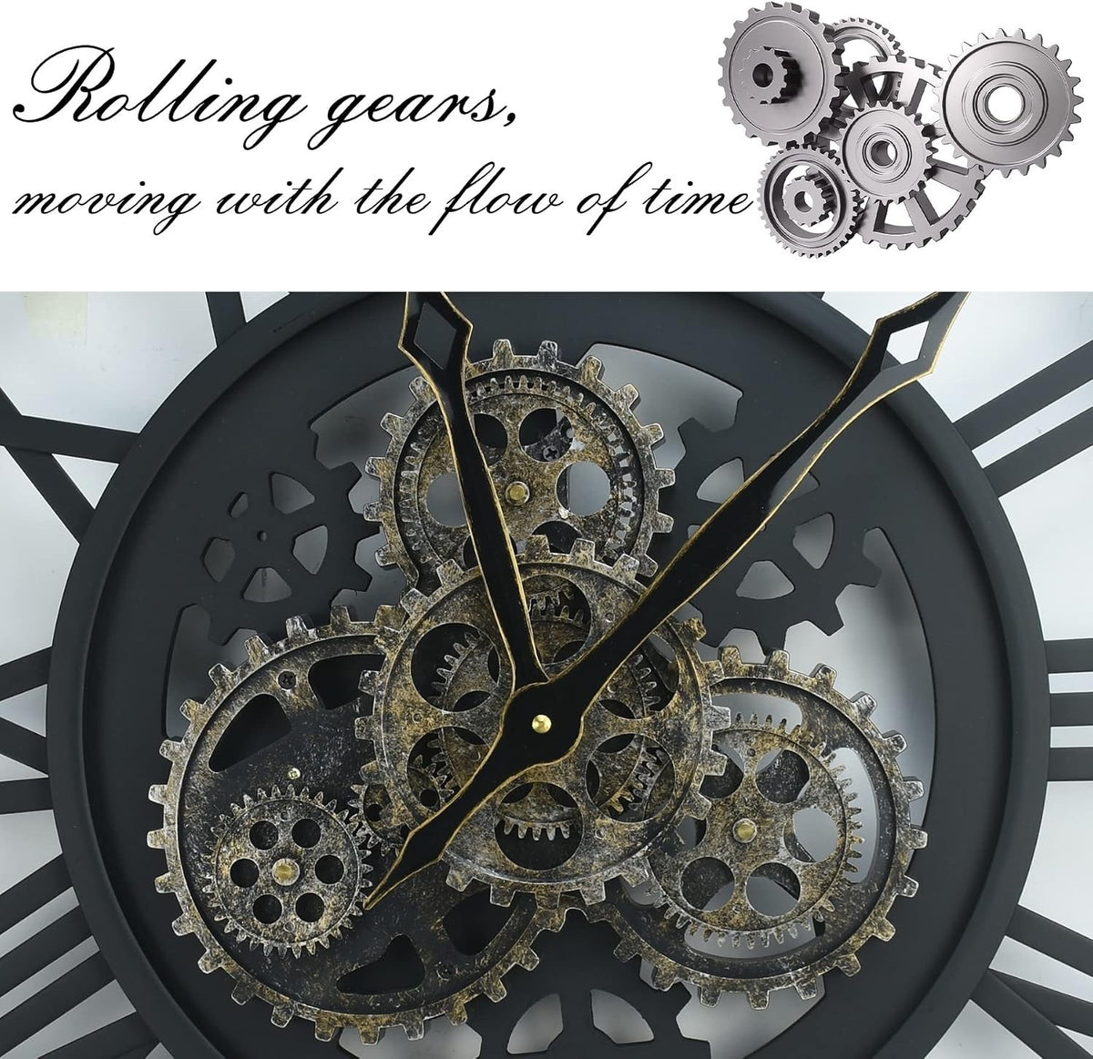Large Wall Clock Moving Gears 60cm Black Metal Industrial Steampunk Vintage Deco