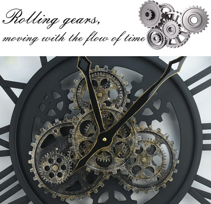 Large Wall Clock Moving Gears 60cm Black Metal Industrial Steampunk Vintage Deco