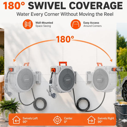 Garden Hose Reel Wall Mounted 40+2m Retractable Auto Rewind 180 Swivel 9 Spray