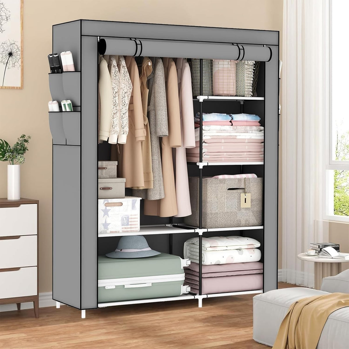 Canvas Wardrobe Portable Clothes Closet Grey 105x45x165cm 5 Shelves Hanging Rail