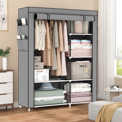 Canvas Wardrobe Portable Clothes Closet Grey 105x45x165cm 5 Shelves Hanging Rail