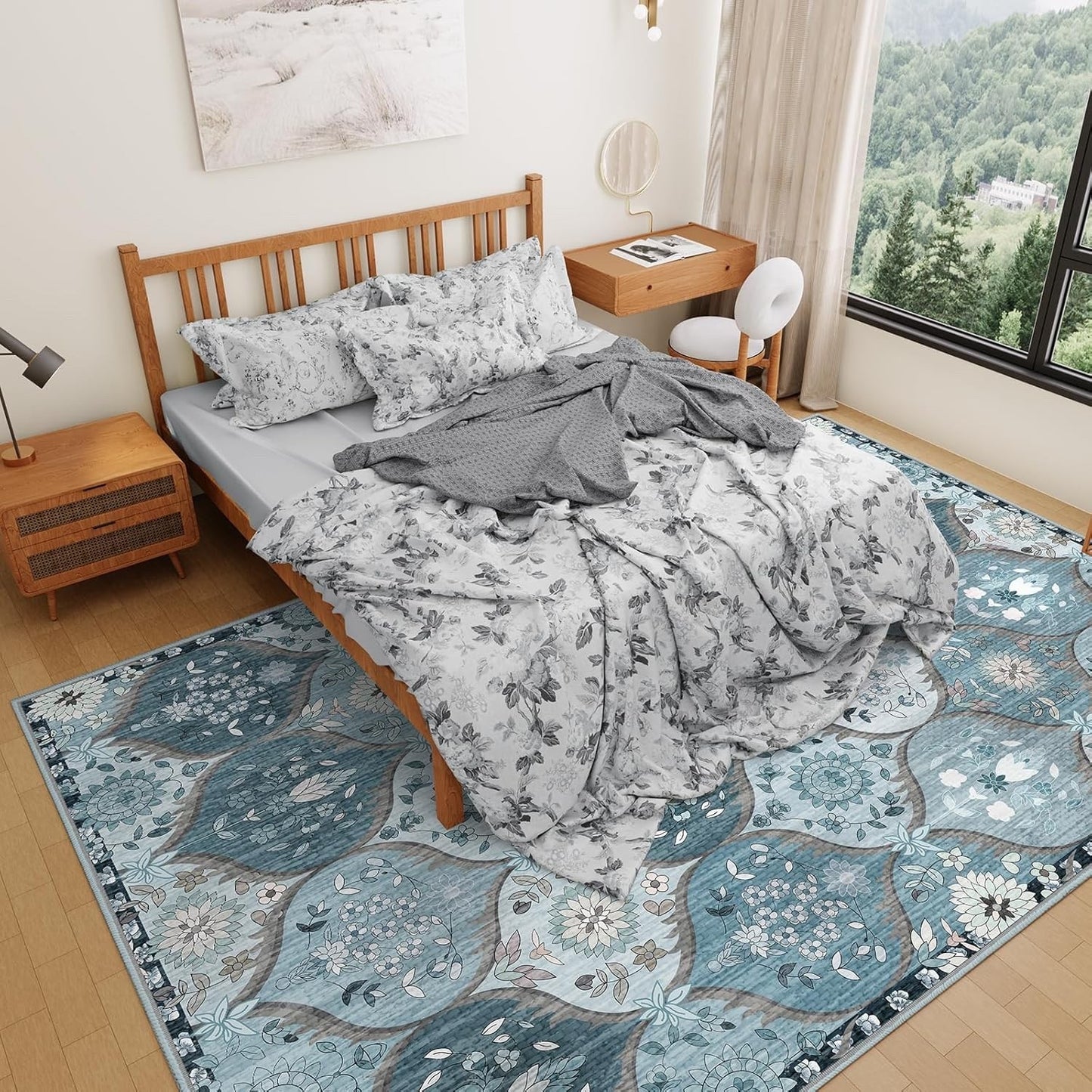 Washable Vintage Rug Large Blue Floral Non Slip Living Room Carpet 200x300cm