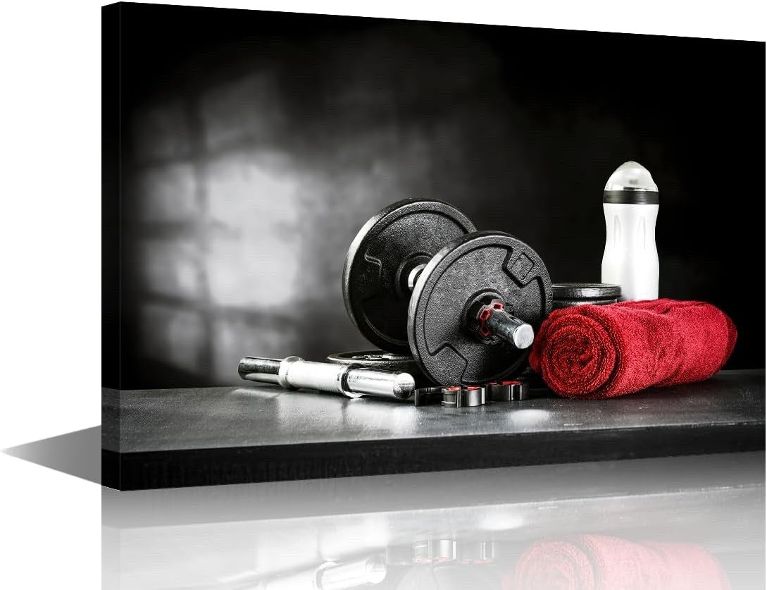 Gym Wall Art Canvas Dumbbells Fitness Print Framed 36x24in Black Workout Decor