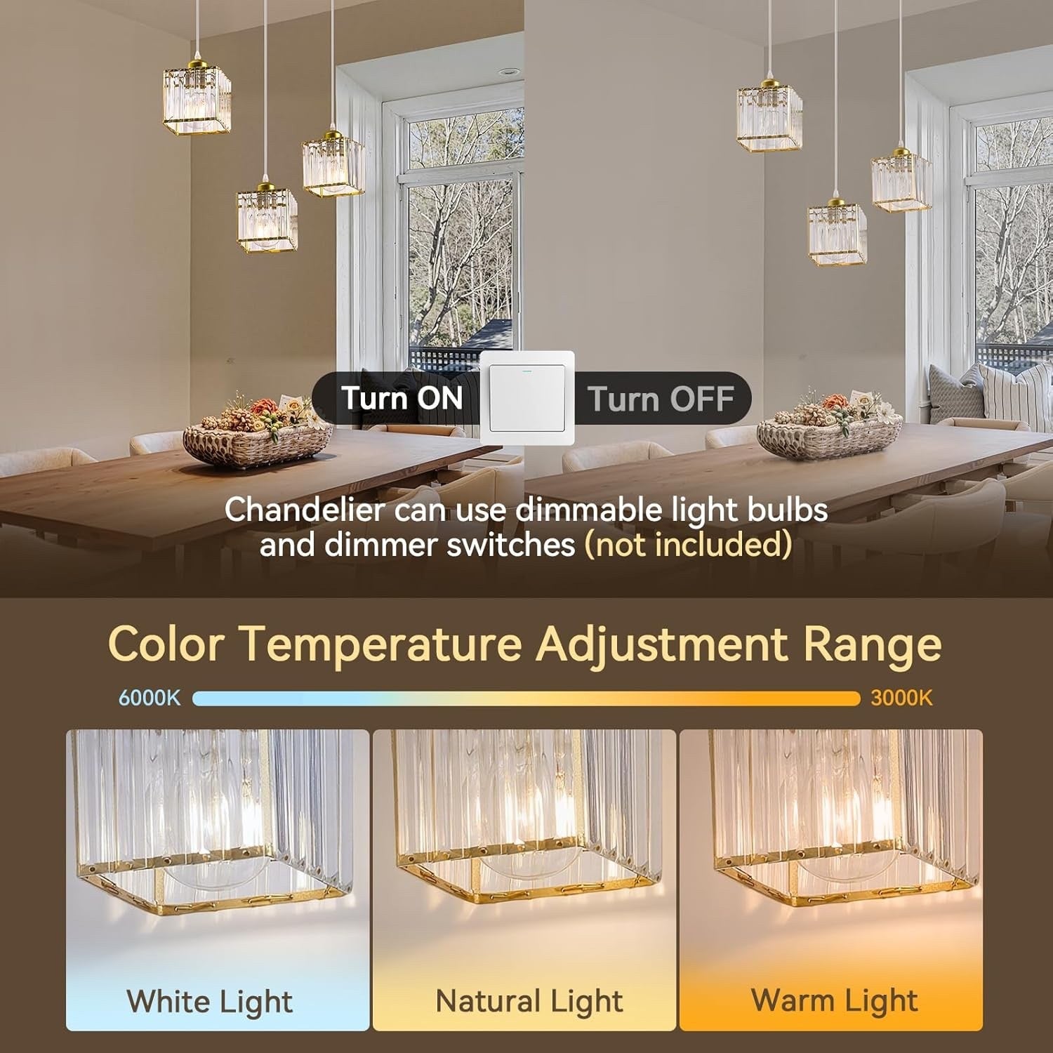 Crystal Chandelier Ceiling Light 3 Lights Adjustable Height E27 Pendant Modern