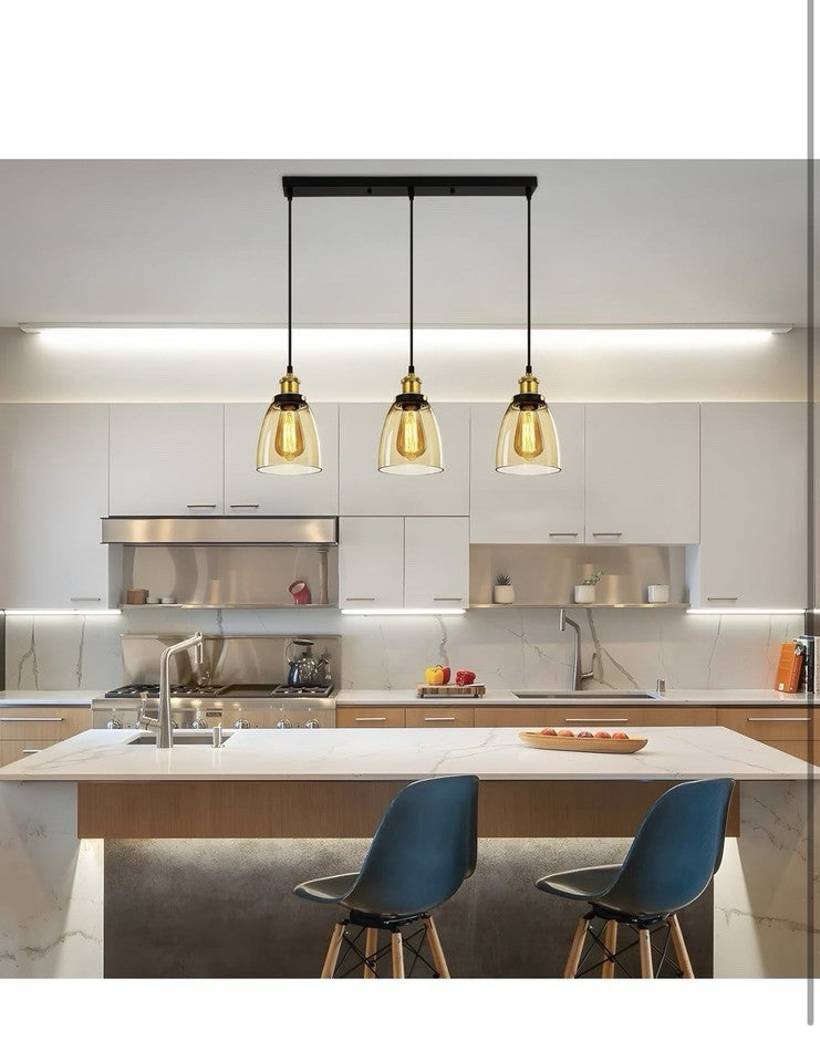 3 Light Cognac Glass Pendant Ceiling Light Vintage Adjustable Fixture