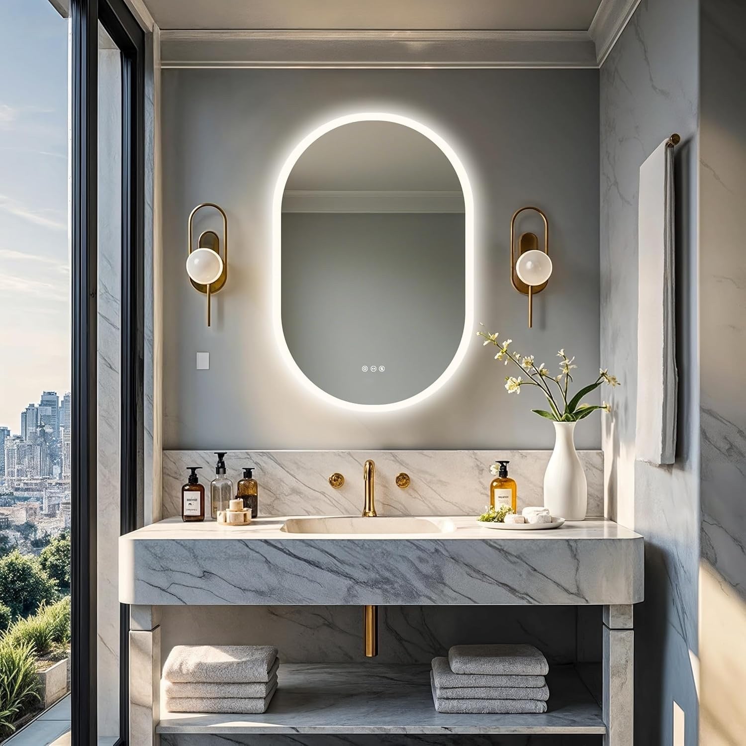 600x900mm LED Bathroom Mirror Anti Fog Dimmable 3 Color Light Wall Mounted IP56