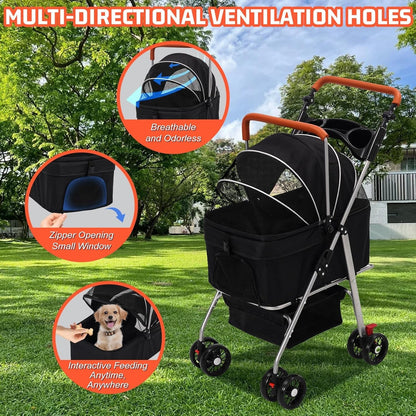 Pet Stroller Foldable Dog Cat Pram 4 Wheel Carrier Detachable Basket Black