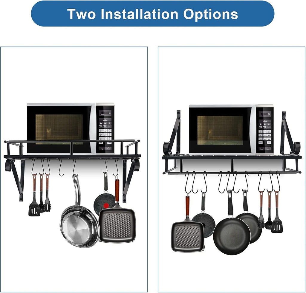 Wall Mounted Pot Pan Rack 45cm Kitchen Shelf Utensil Holder Black Steel