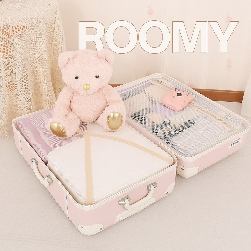 Urecity Vintage Leather-Trimmed Zipper Luggage 4 pcs 14" 20" 24" 28" Pink Roller