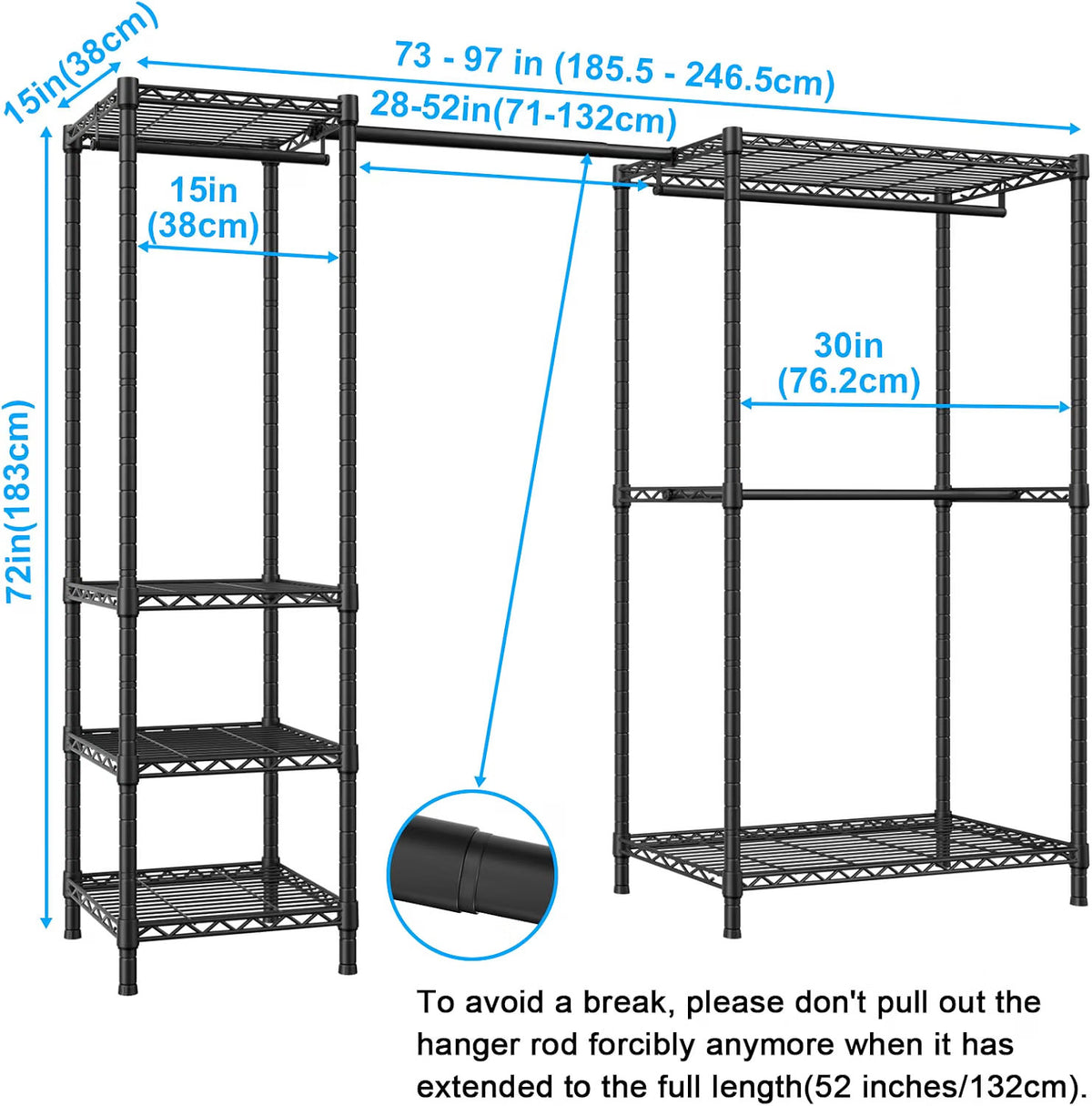 Heavy Duty Clothes Rack Extendable 6 Shelves 4 Rails 362kg Black Carbon Steel