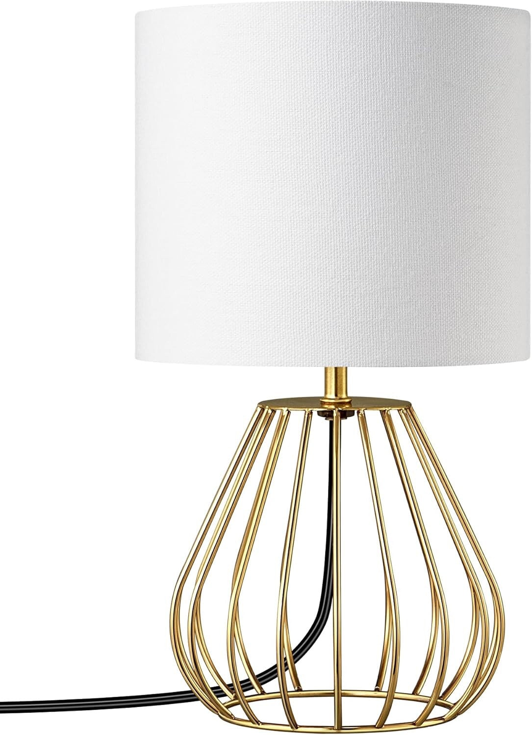EDISHINE Bedside Lamp Table Lamp with Metal Cage Base & Linen Lampshade Gold