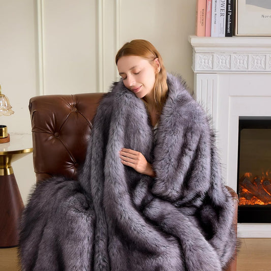 Faux Fur Throw Blanket Thick Warm Reversible Fluffy Grey Bed Sofa 230 x 270cm