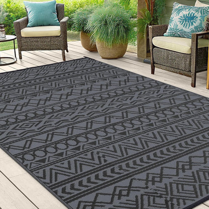 Outdoor Patio Garden Rug 270x360cm Waterproof Reversible Black Grey Camping Mat