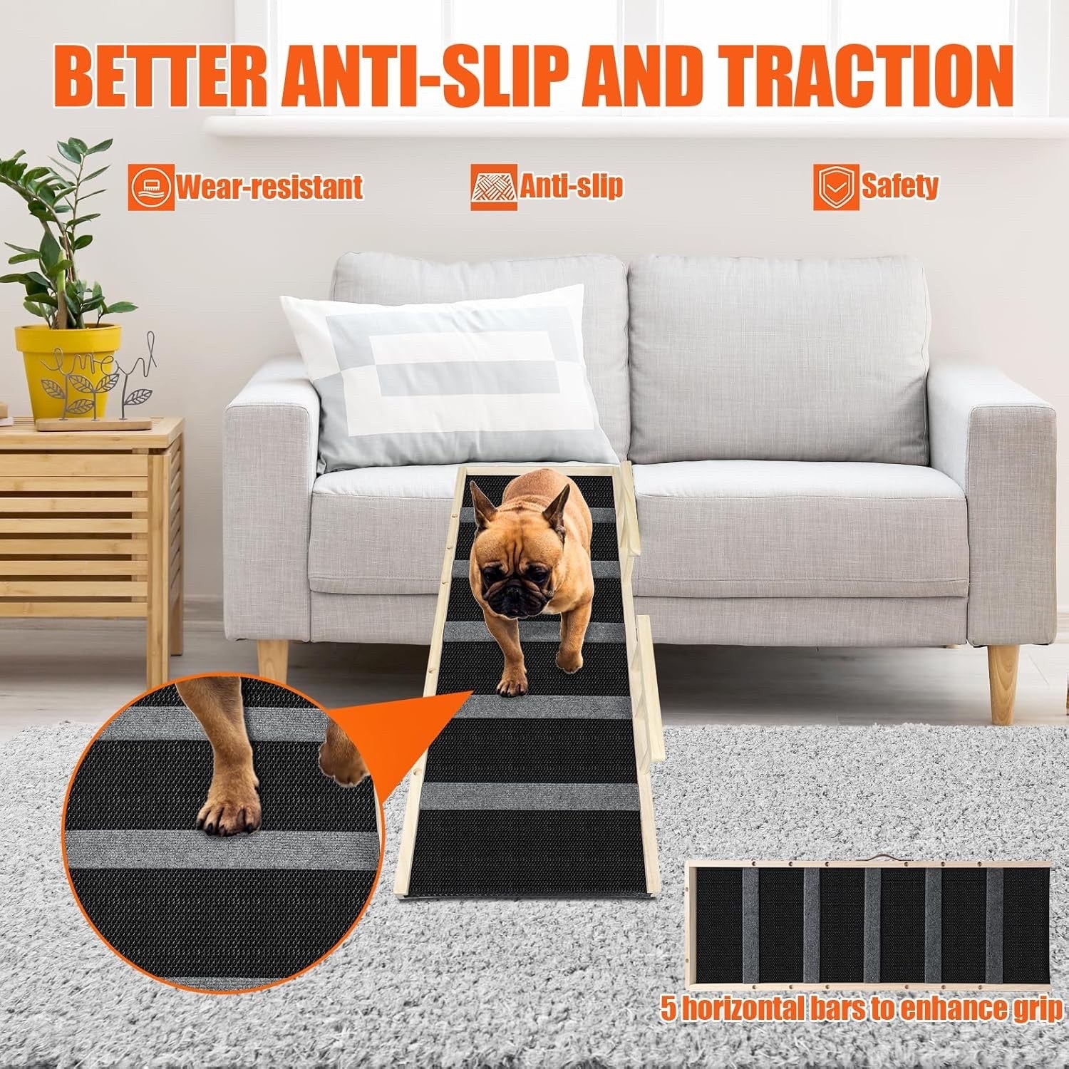 Adjustable Wooden Pet Dog Ramp Non-Slip Rubber Surface for Bed Sofa Car – Brown