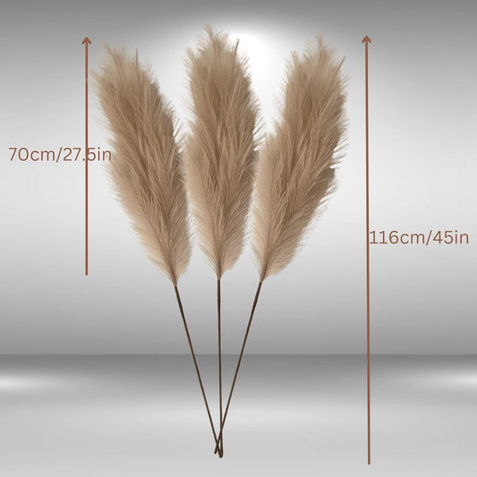 Artificial Pampas Grass XL 116cm 3 Stems Fluffy Brown Tall Vase Decor Boho