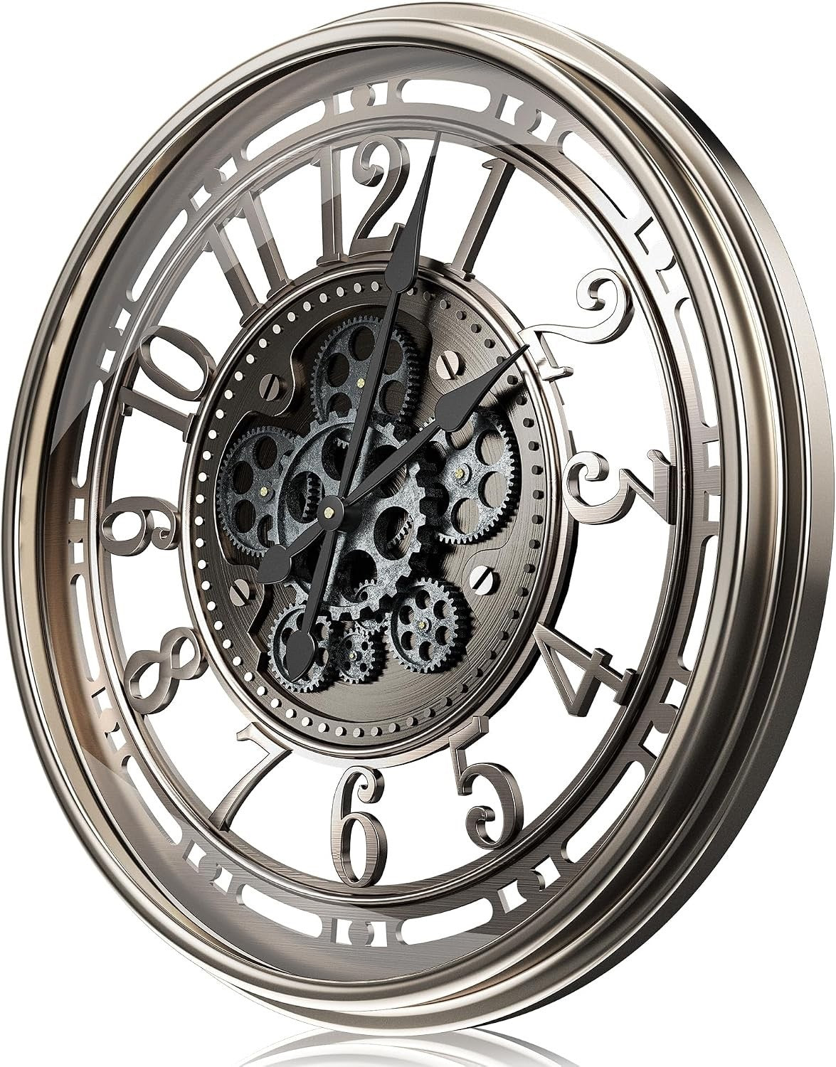 Large Wall Clock Moving Gears 53.5cm Industrial Steampunk Metal Grey Bronze Deco
