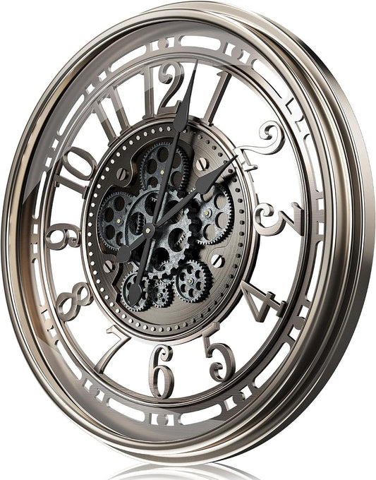 Large Wall Clock Moving Gears 53.5cm Industrial Steampunk Metal Grey Bronze Deco