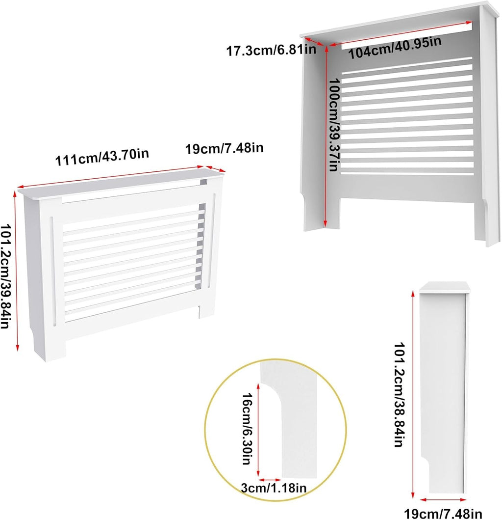 White MDF Radiator Cover 100cm Tall Modern Slatted Heater Cabinet Shelf