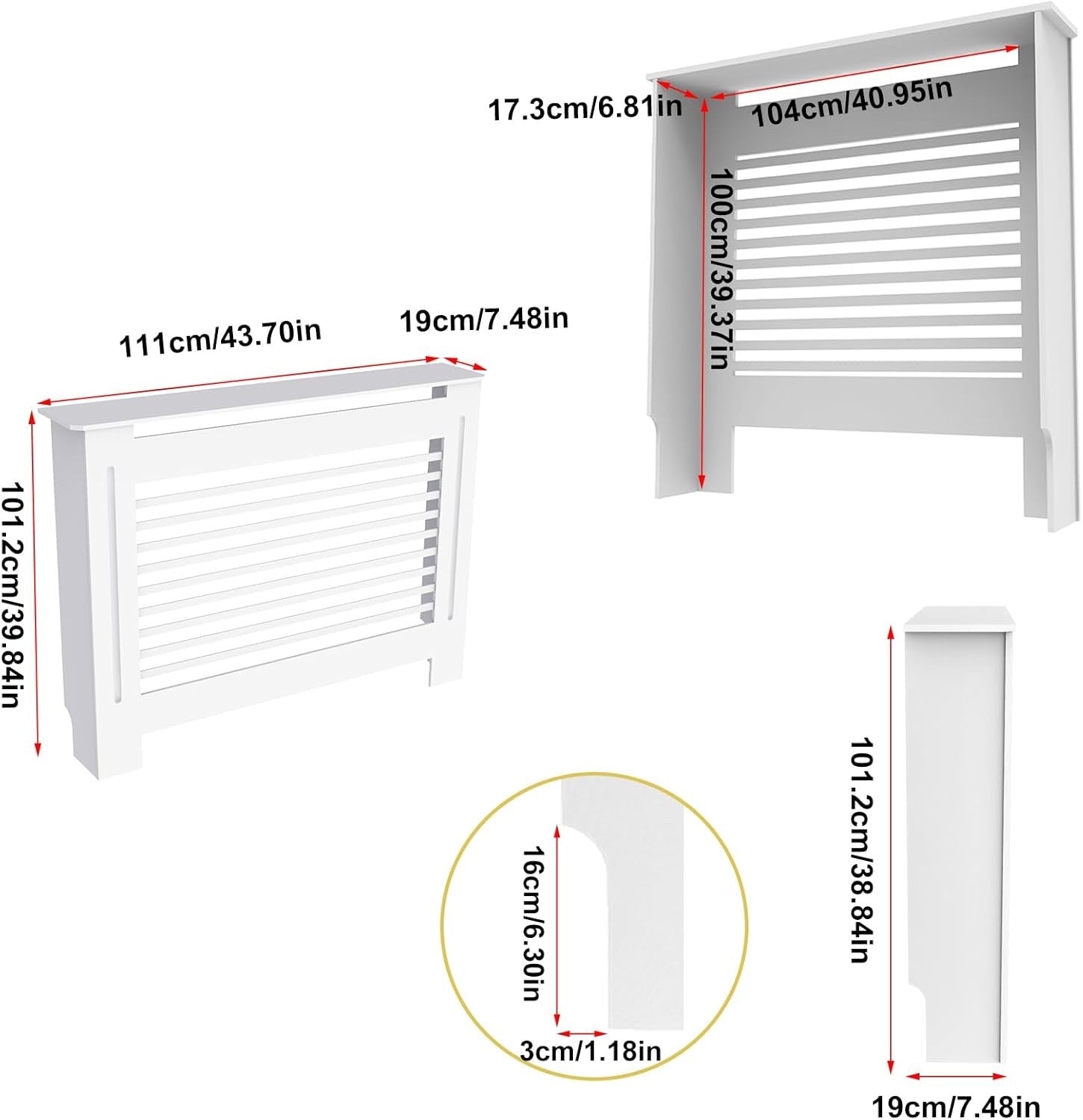 White MDF Radiator Cover 100cm Tall Modern Slatted Heater Cabinet Shelf