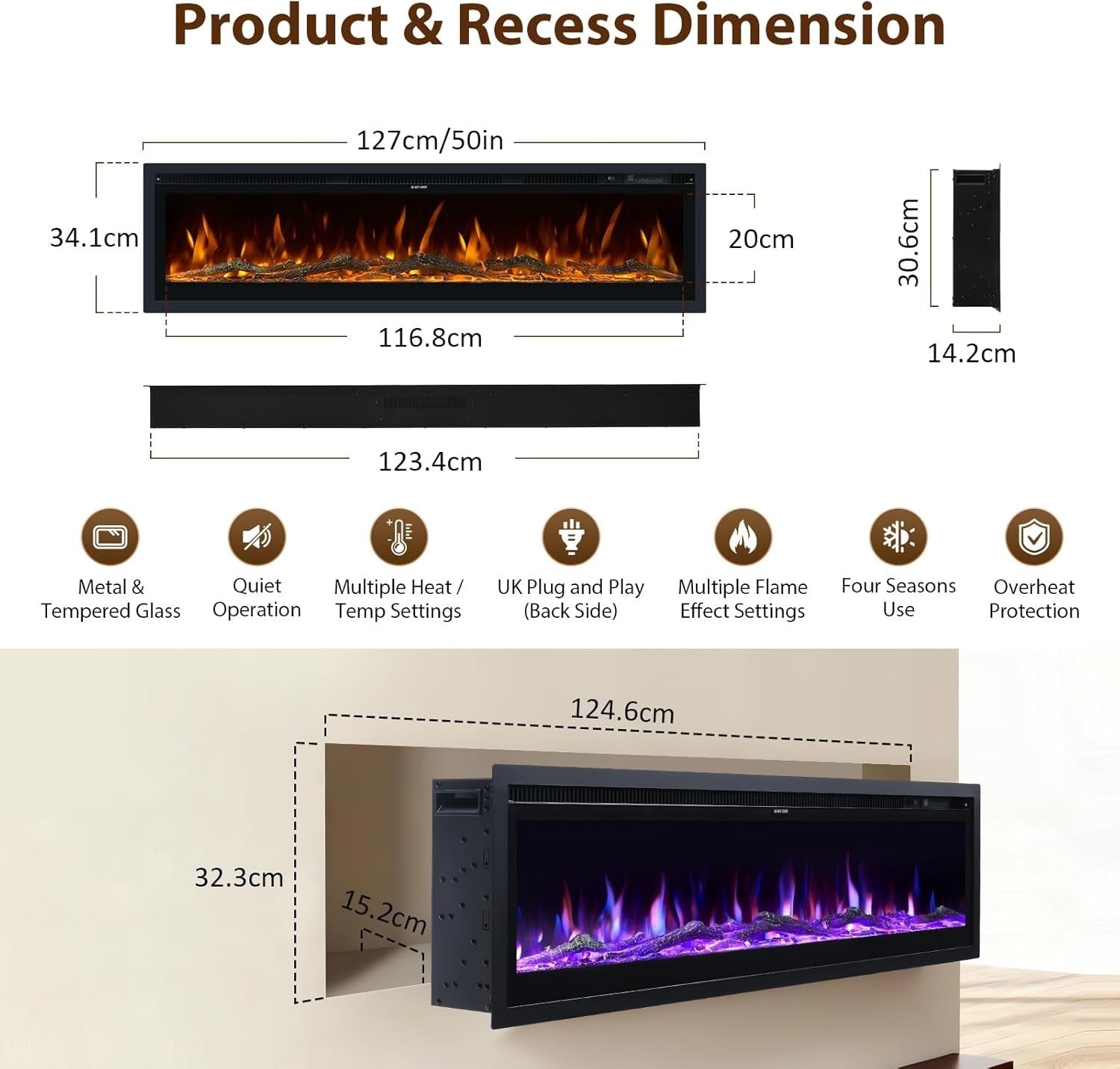 127cm Electric Fireplace Wall Mounted Recessed Freestanding LED Flame Heater