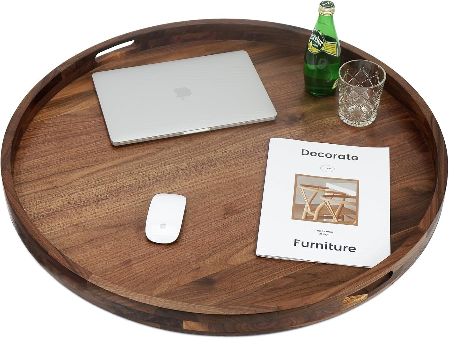 30in Extra Large Round Walnut Wood Ottoman Tray w Handles Serving Tea Coffee