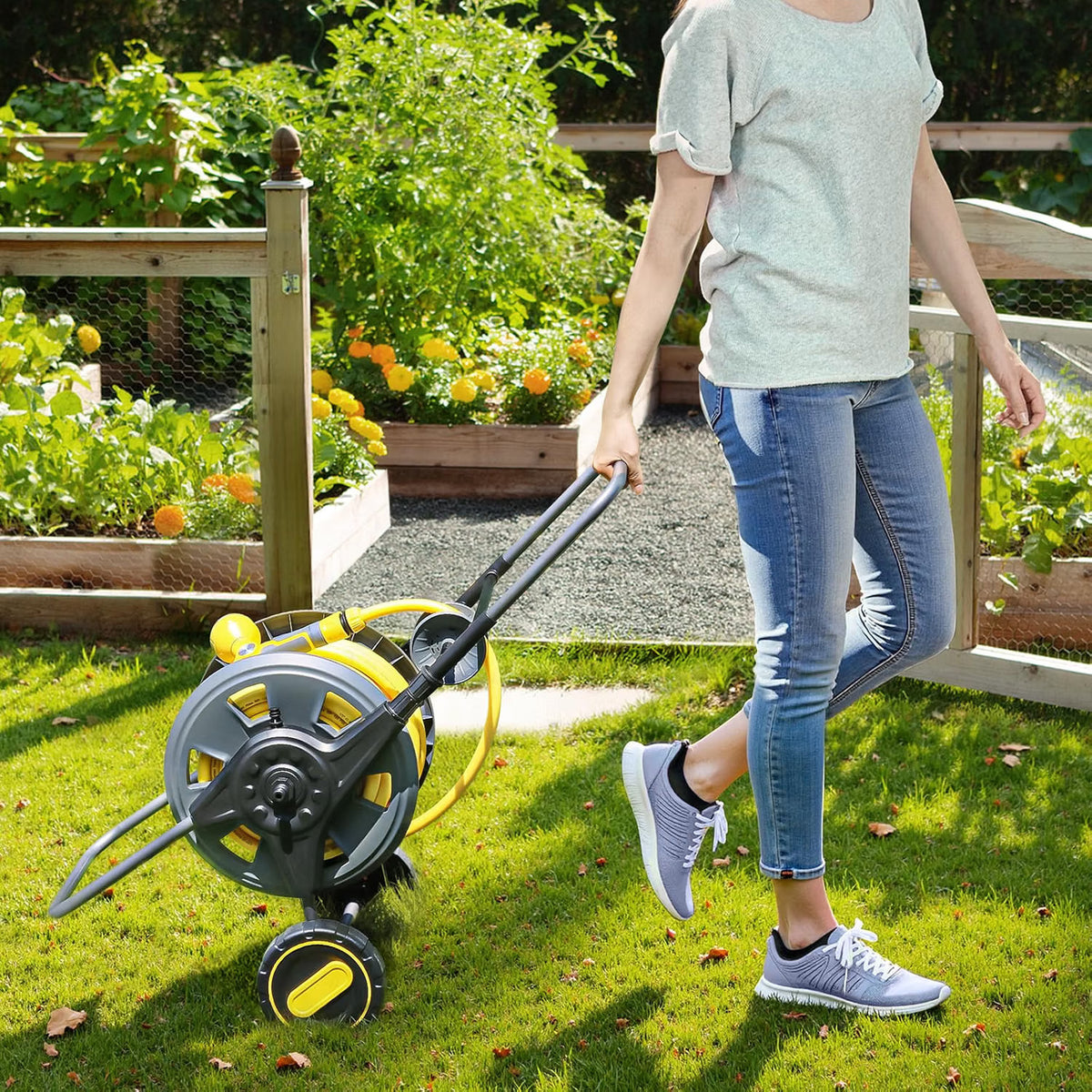 Garden Hose Reel Cart 30m Wheeled Trolley Rewind Handle 2m Leader Hose Spray Gun