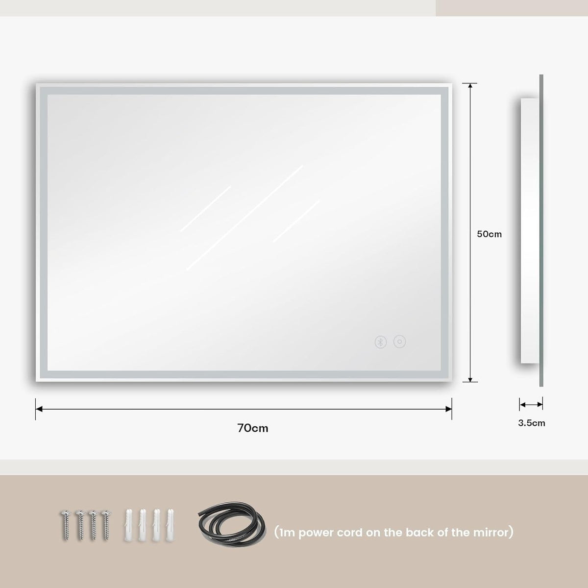 LED Bathroom Mirror Bluetooth 50x70 Speaker Anti Fog Dimmable Shaver Socket Wall