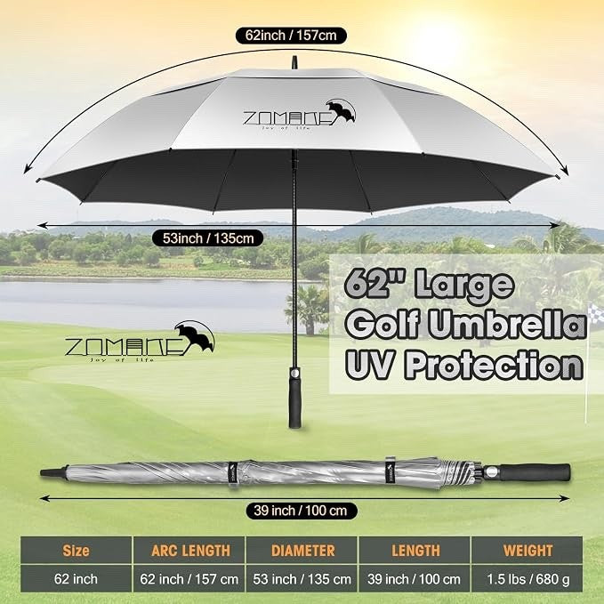 Golf Umbrella Windproof UV 62in XXL Silver Black Double Canopy Auto Open Sun