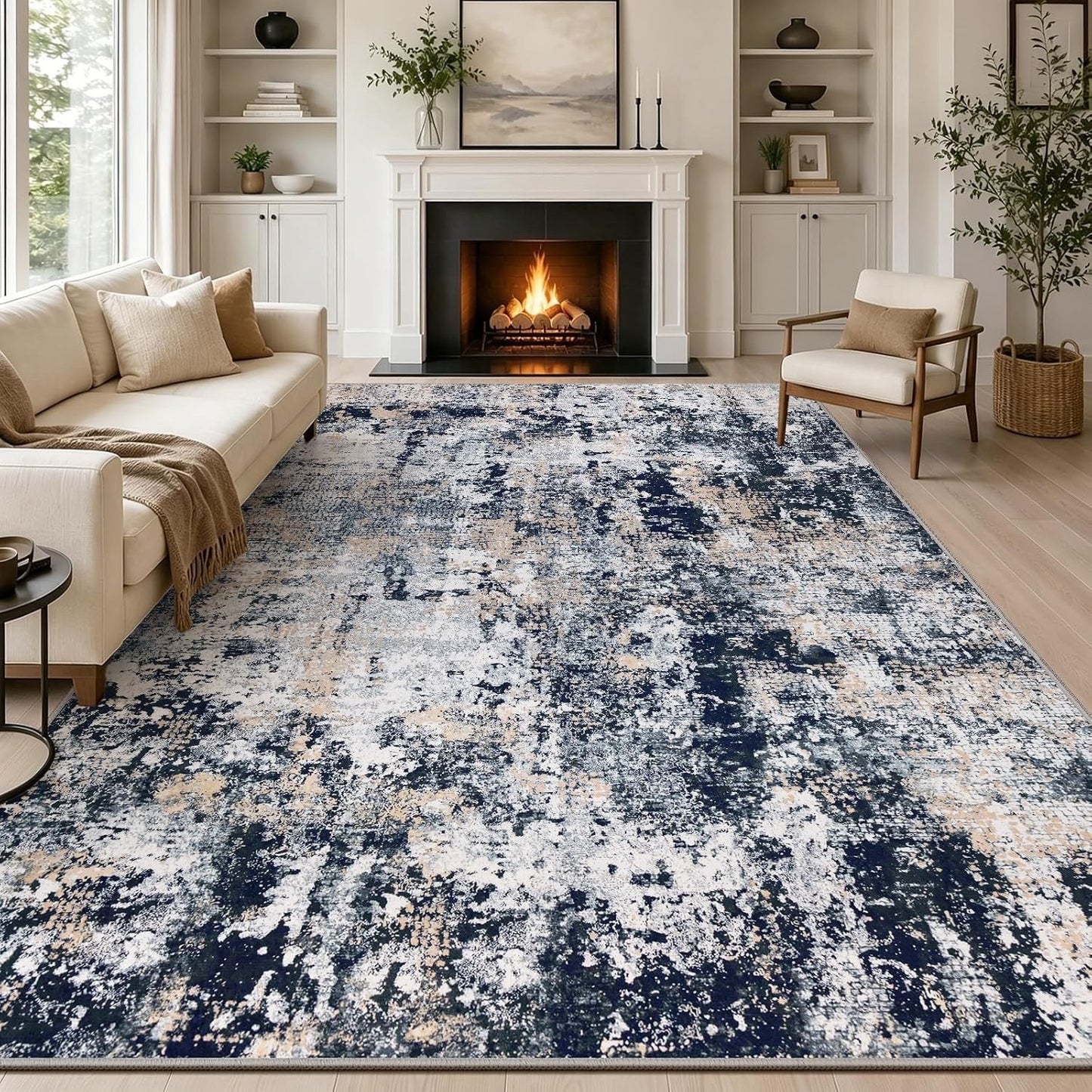 Large Area Rug Carpet 200x300cm Navy Blue Abstract Washable Non Slip Low Pile