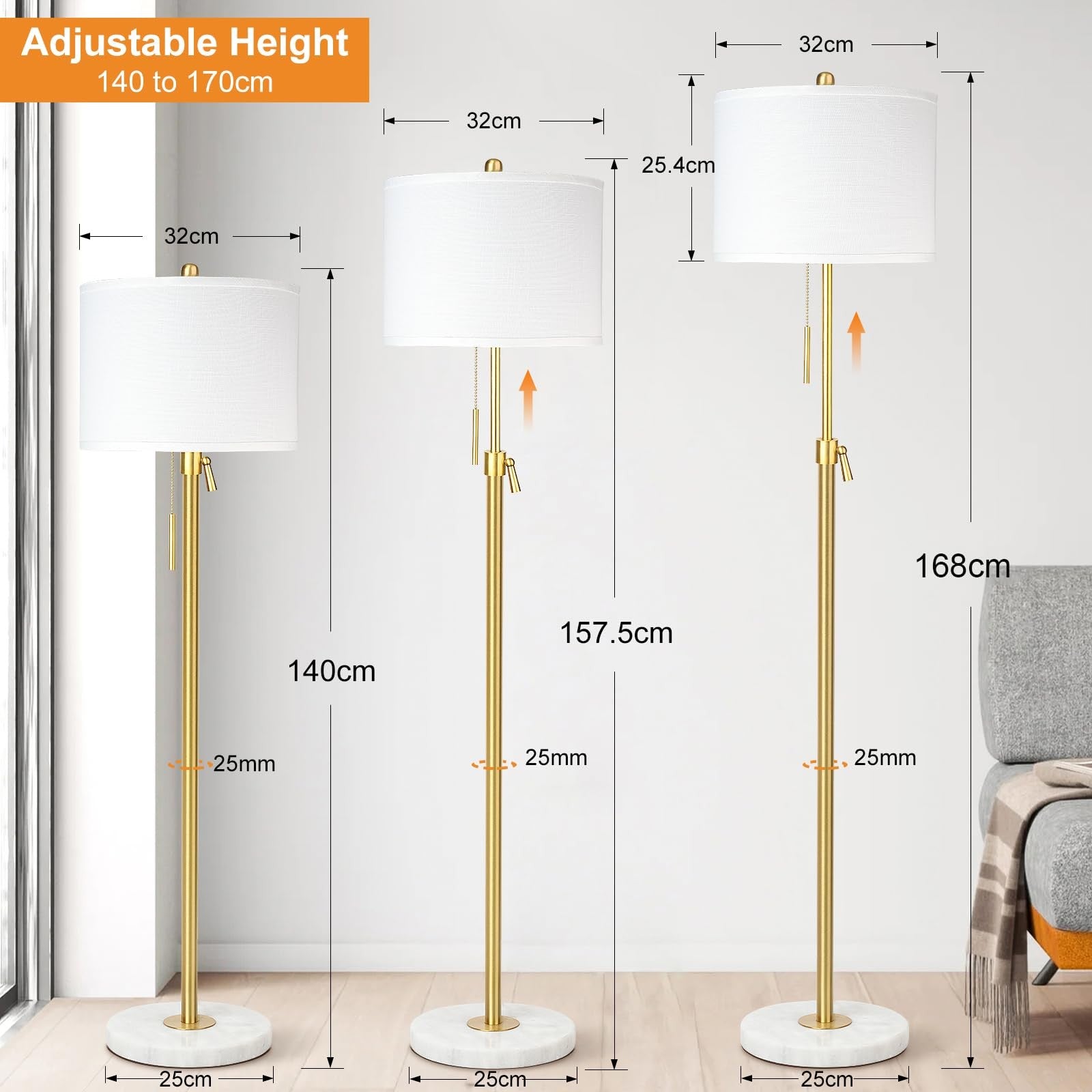 Gold Floor Lamp Living Room Modern Floor Standing with Lampshade 3 Colours