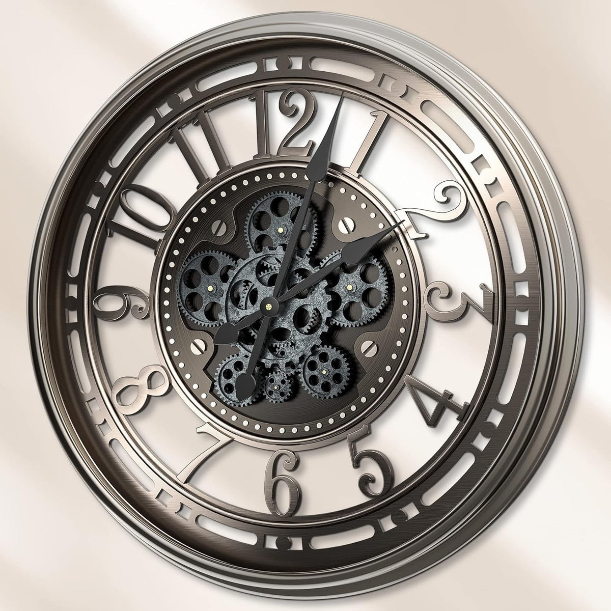 Large Wall Clock Moving Gears 53.5cm Industrial Steampunk Metal Grey Bronze Deco
