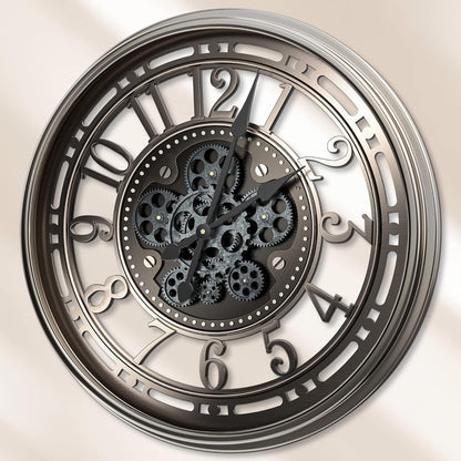 Large Wall Clock Moving Gears 53.5cm Industrial Steampunk Metal Grey Bronze Deco