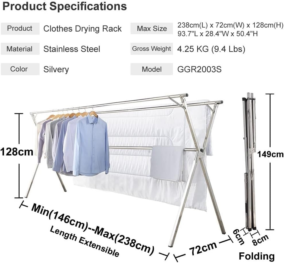 Foldable Stainless Steel Clothes Airer Drying Rack 2.38m Indoor Outdoor Laundry