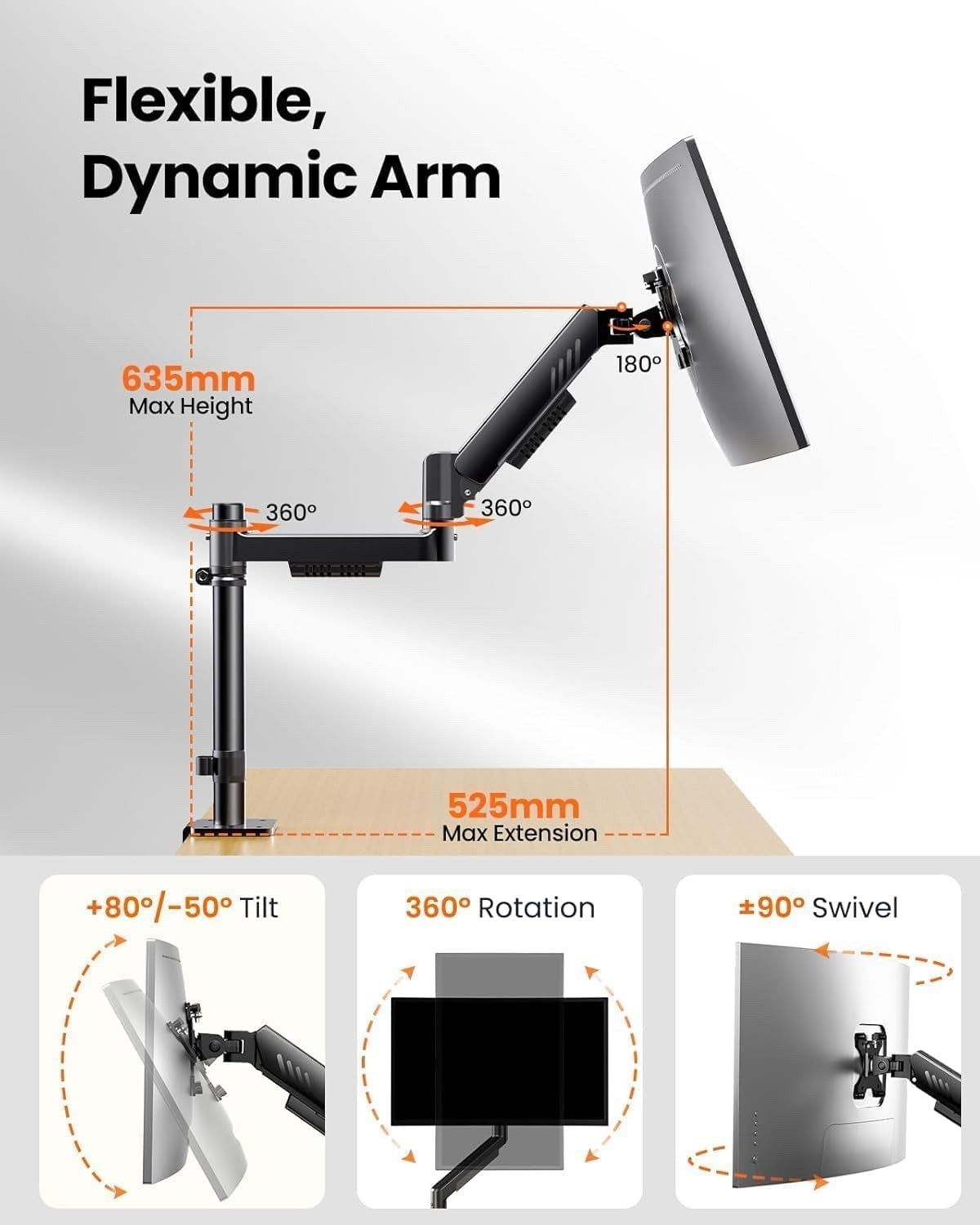 Monitor Stand Arm Desk Mount Single 13-34in Adjustable C Clamp VESA 9kg Black