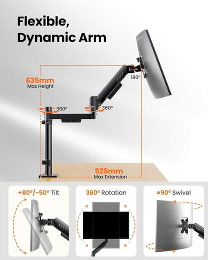 Monitor Stand Arm Desk Mount Single 13-34in Adjustable C Clamp VESA 9kg Black