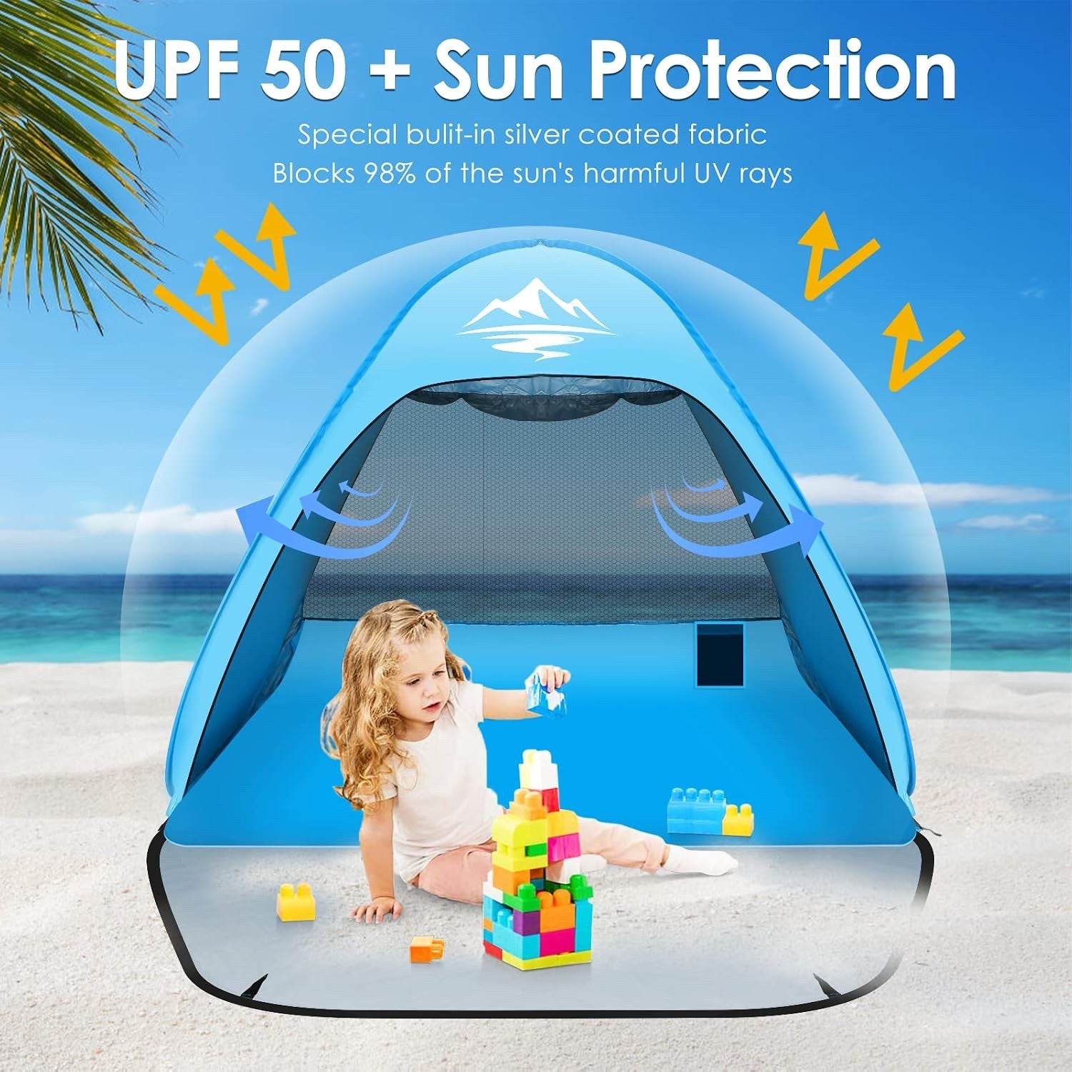 Pop Up Beach Tent Sun Shelter 2-3 Person UPF50+ Waterproof Blue Portable Shade