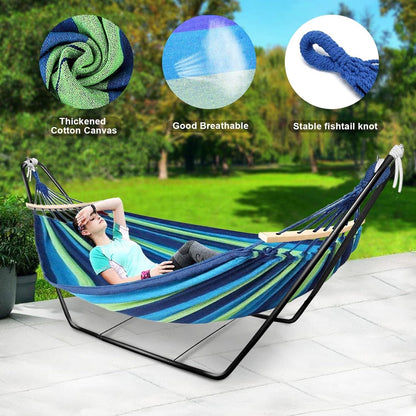Double Cotton Hammock Stand Adjustable Steel Frame Blue 2 Person Carry Bag Set