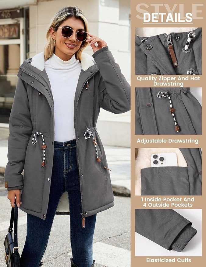 Womens Winter Parka Jacket Fleece Lined Hooded Thermal Coat Grey XXL